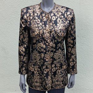 EVAN PICONE LADIES BLACK & GOLD FLORAL COLLARLESS LUXURY EVENING JACKET